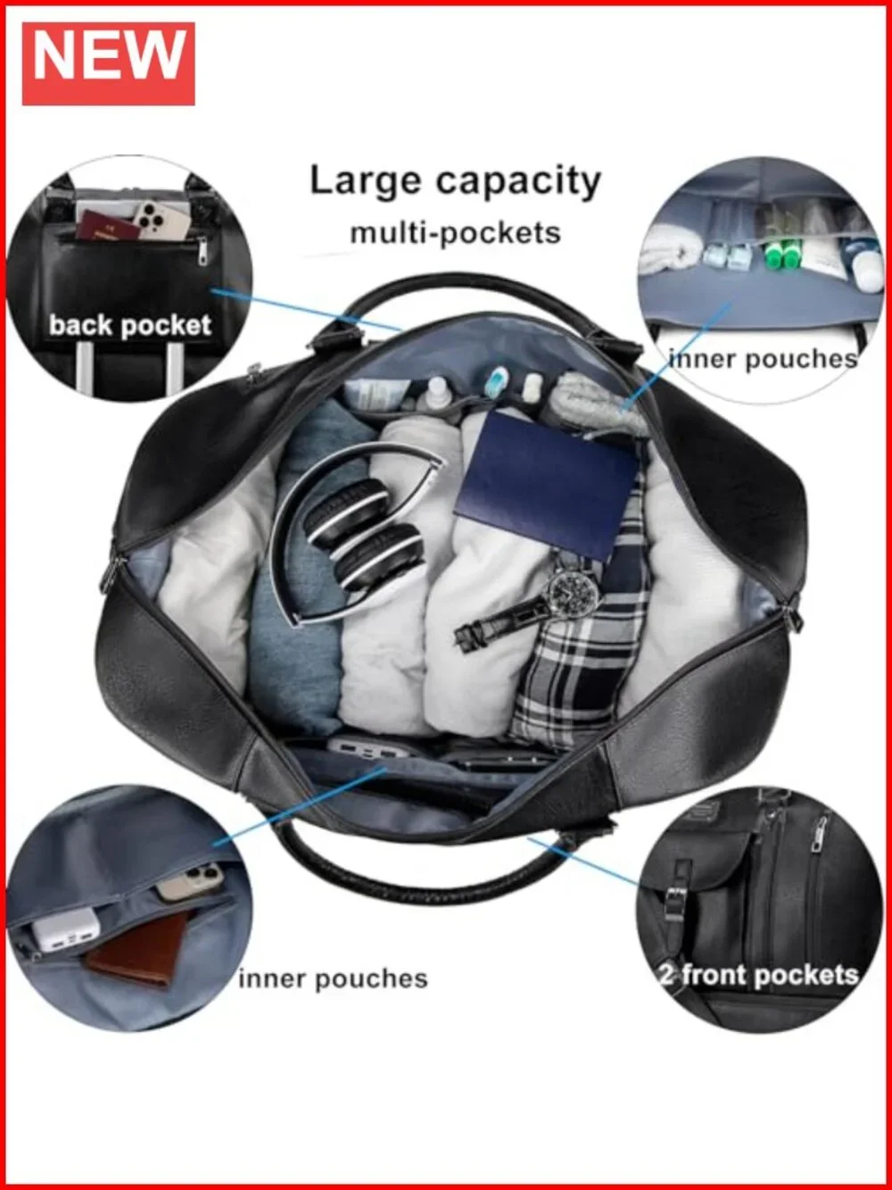 Faux Leather Travel Duffel Bag Large Weekender with Shoes Compartment
